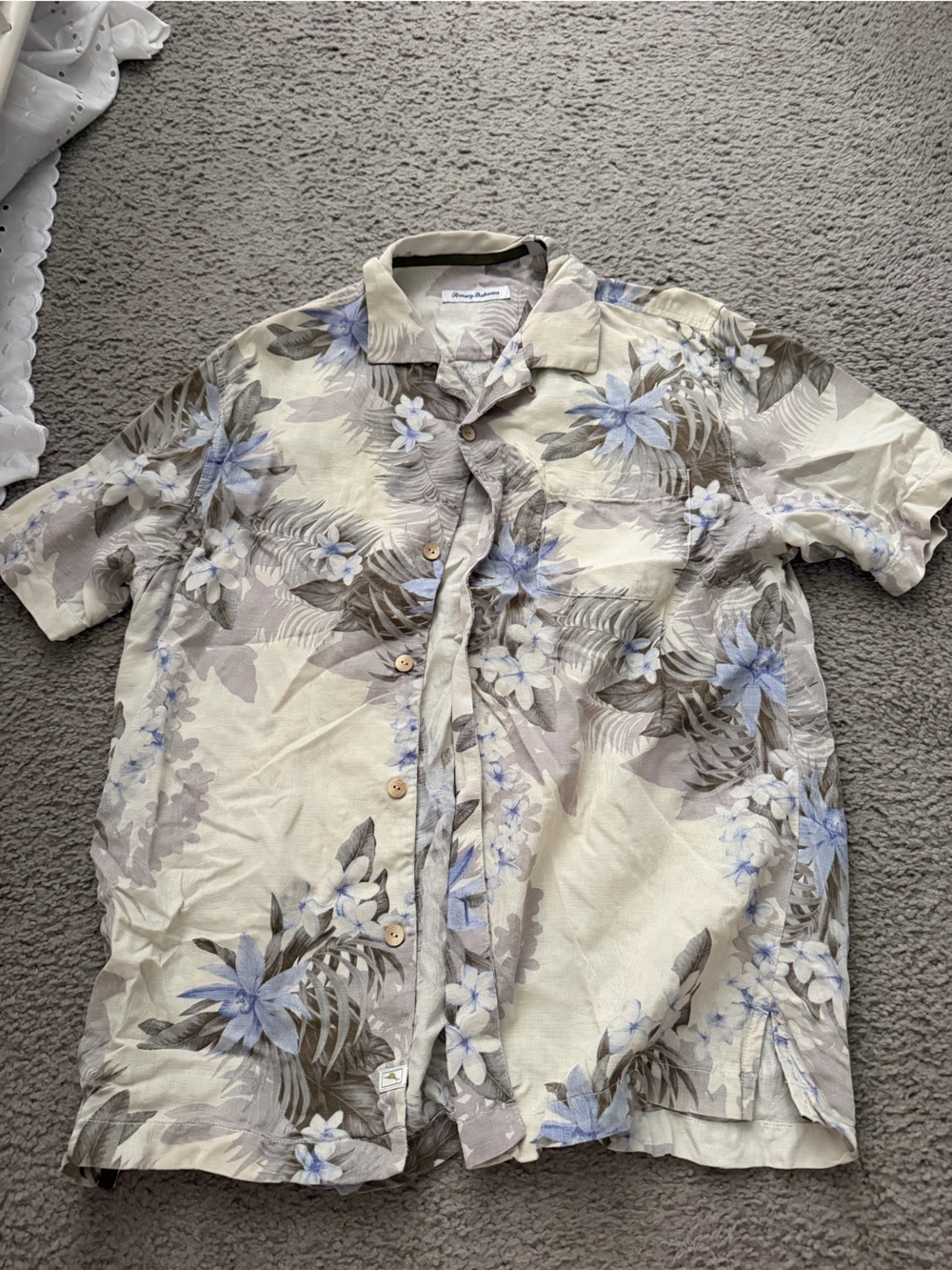 Tommy Bahama Cream Floral Button-Up Shirt with Blue Accents